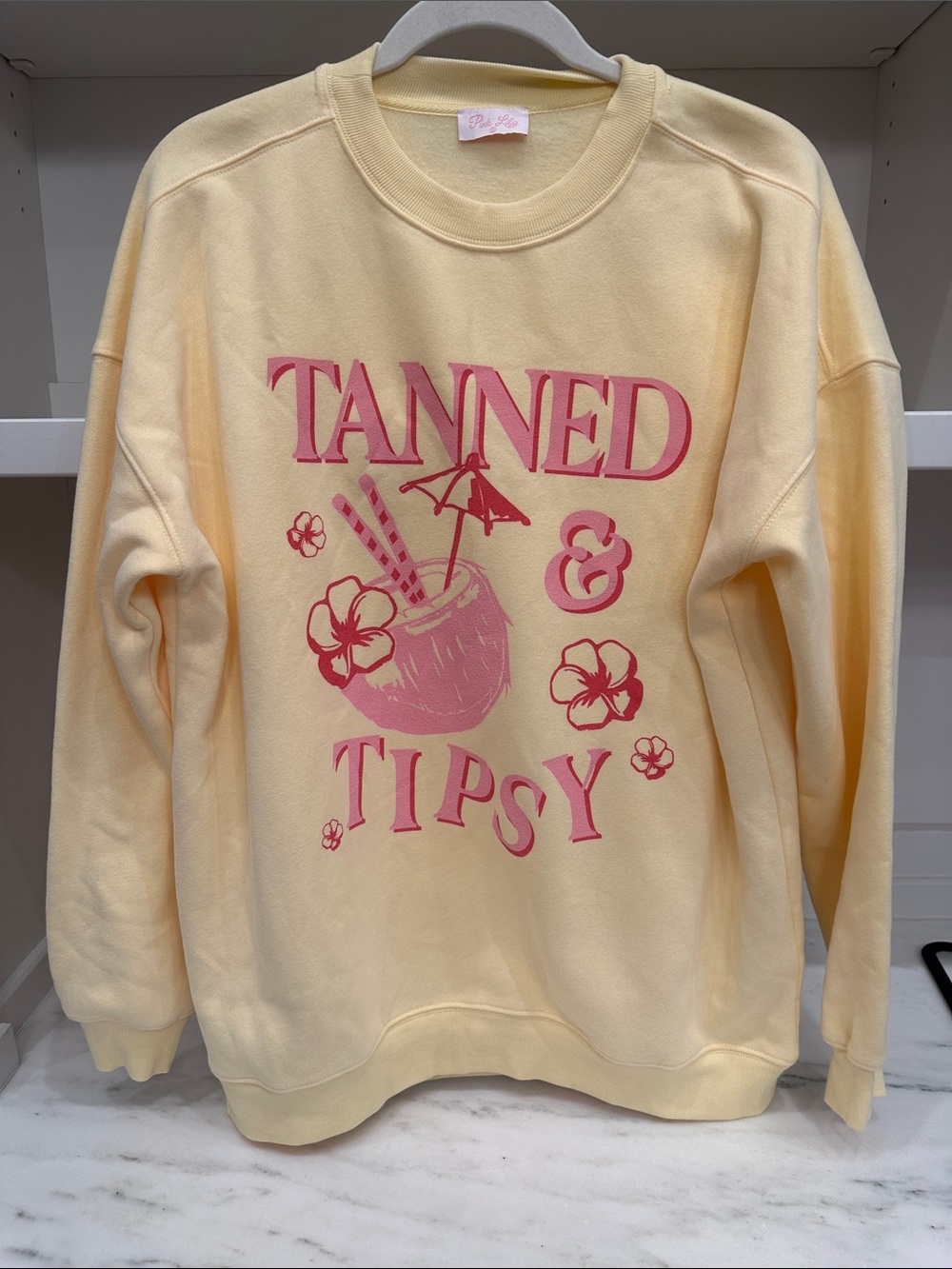 Pink Lily yellow Tanned & Tipsy Graphic Crewneck Sweatshirt.  Like new